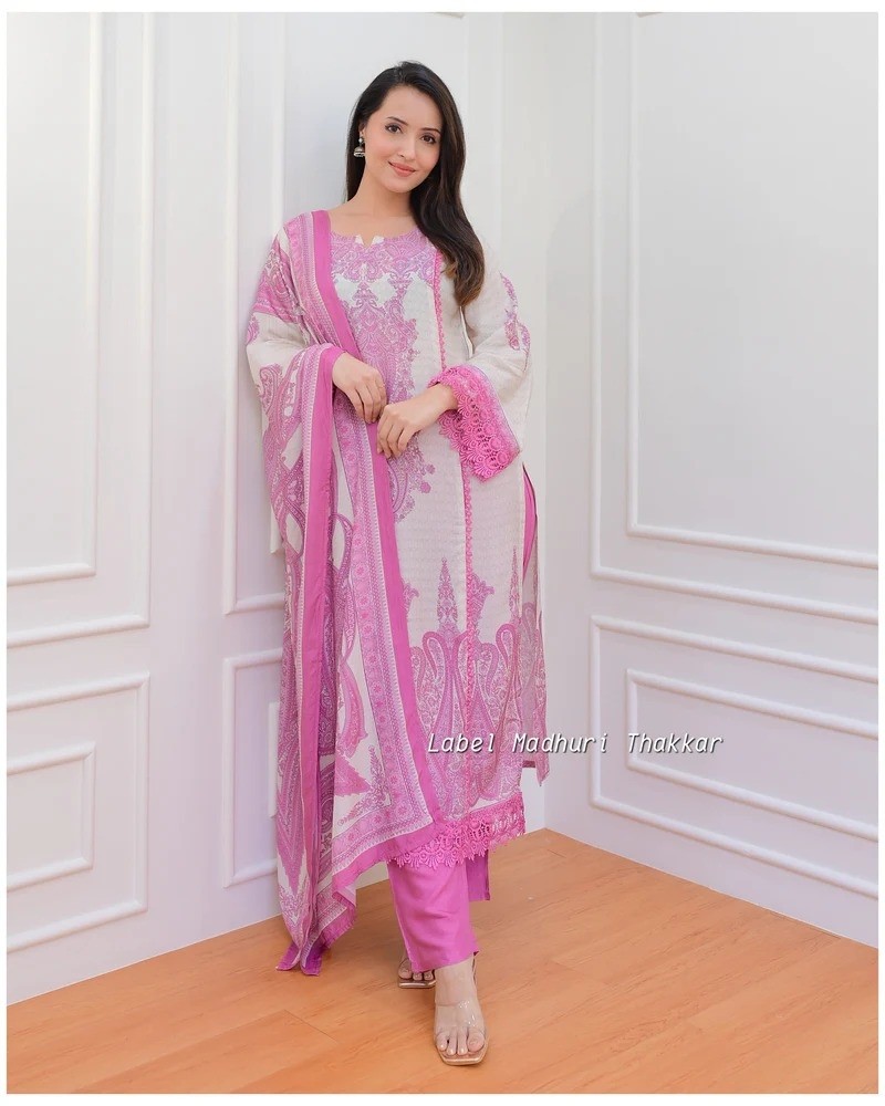Elegant Pink & White Digital Printed Salwar Kameez Set with Lace Detailing