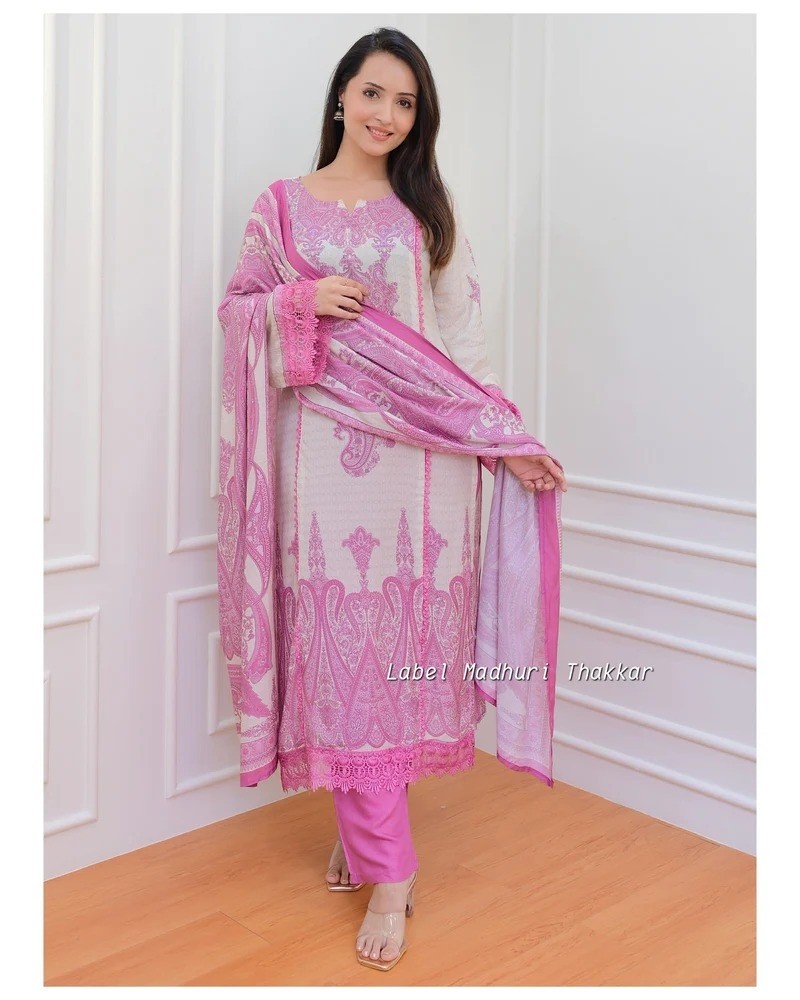 Elegant Pink & White Digital Printed Salwar Kameez Set with Lace Detailing