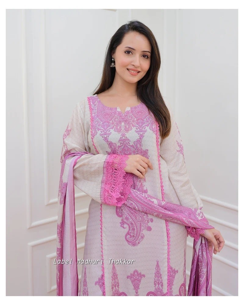 Elegant Pink & White Digital Printed Salwar Kameez Set with Lace Detailing