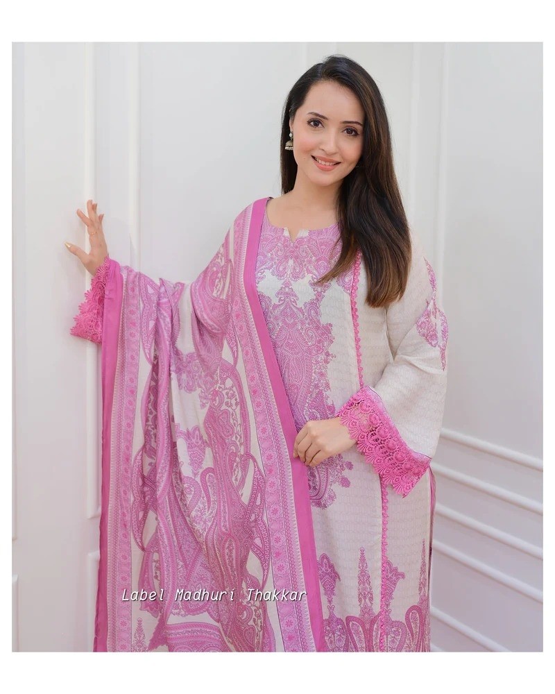 Elegant Pink & White Digital Printed Salwar Kameez Set with Lace Detailing