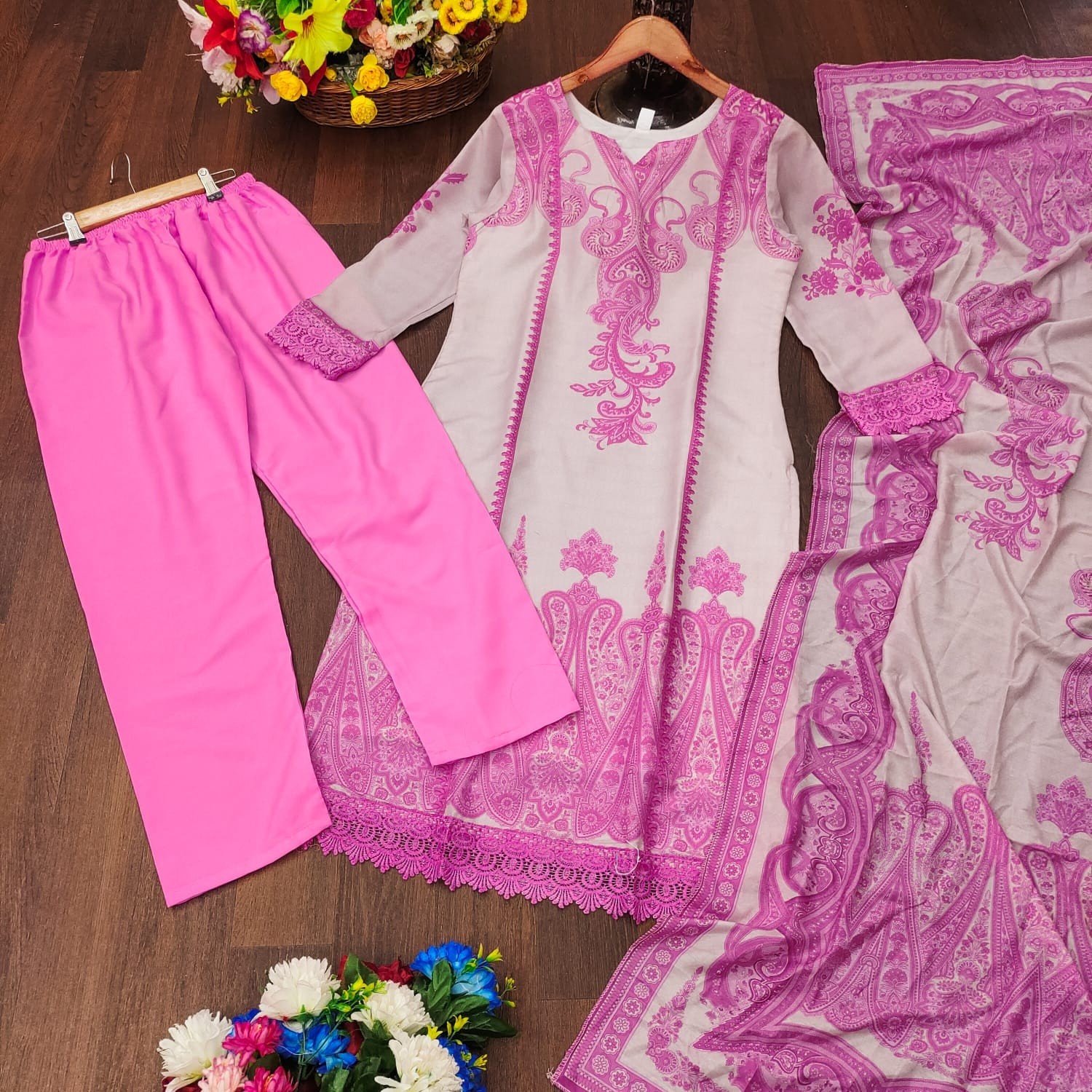 Elegant Pink & White Digital Printed Salwar Kameez Set with Lace Detailing