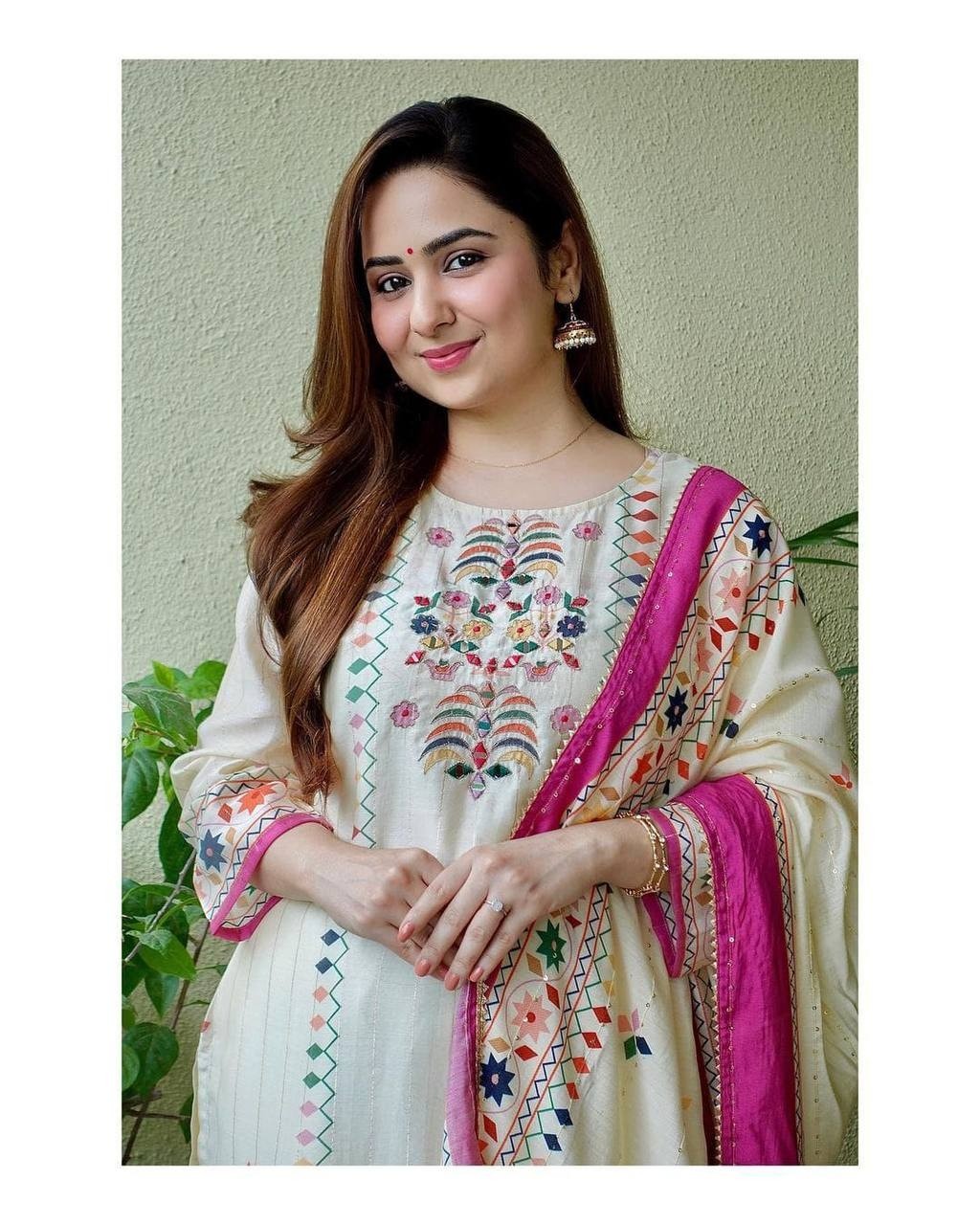 Elegant Cream Embroidered Ethnic Suit with Pink Dupatta Beautiful Printed maslin dupata with full Sequence Work