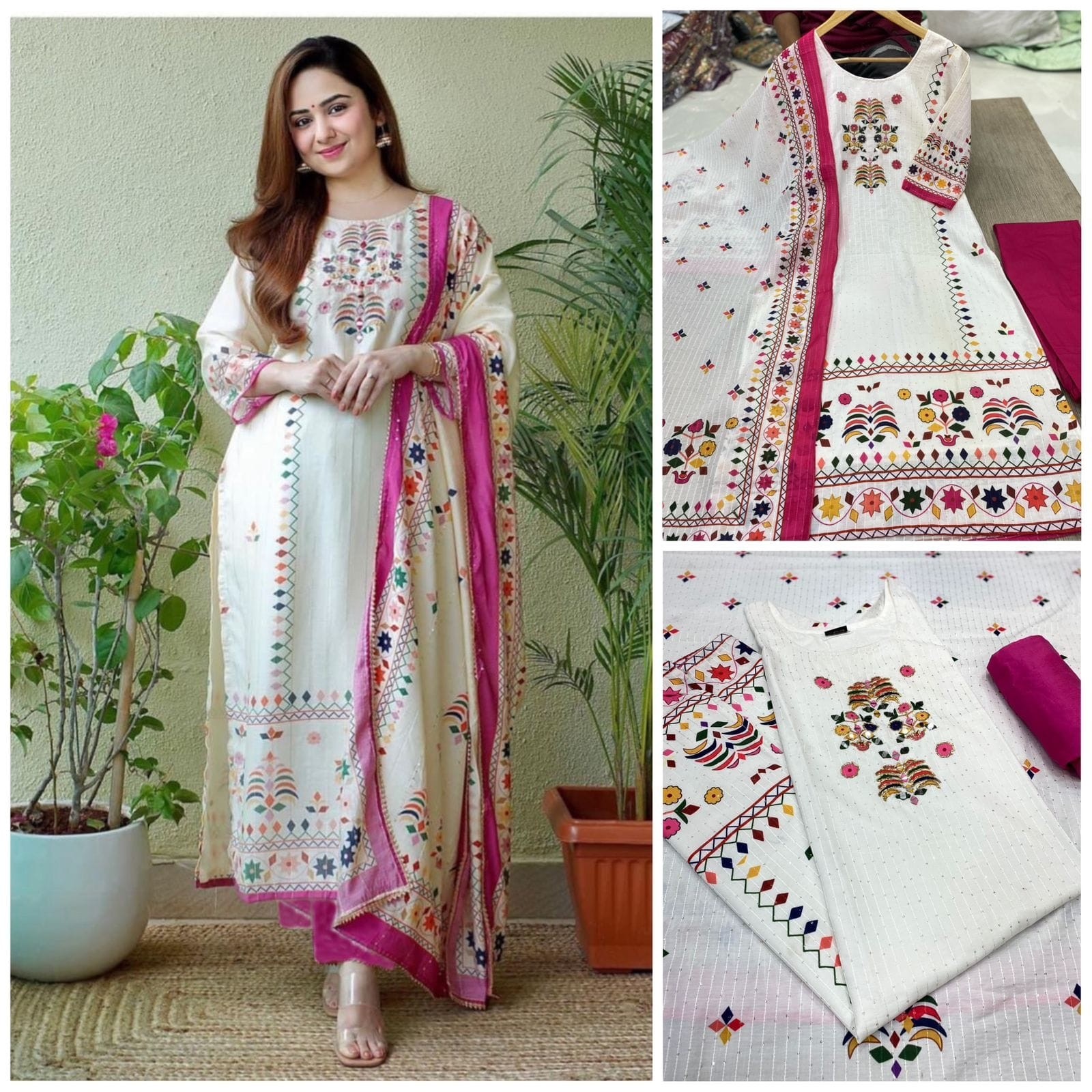 Elegant Cream Embroidered Ethnic Suit with Pink Dupatta Beautiful Printed maslin dupata with full Sequence Work