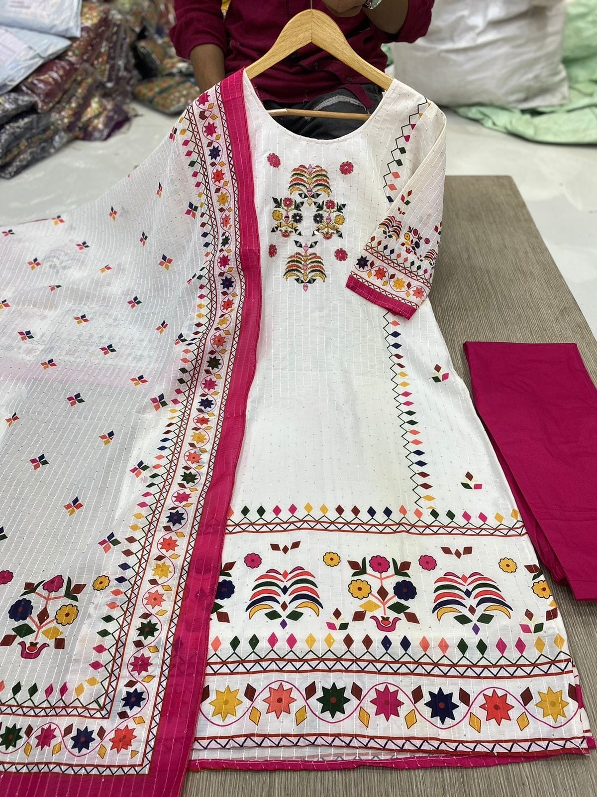 Elegant Cream Embroidered Ethnic Suit with Pink Dupatta Beautiful Printed maslin dupata with full Sequence Work