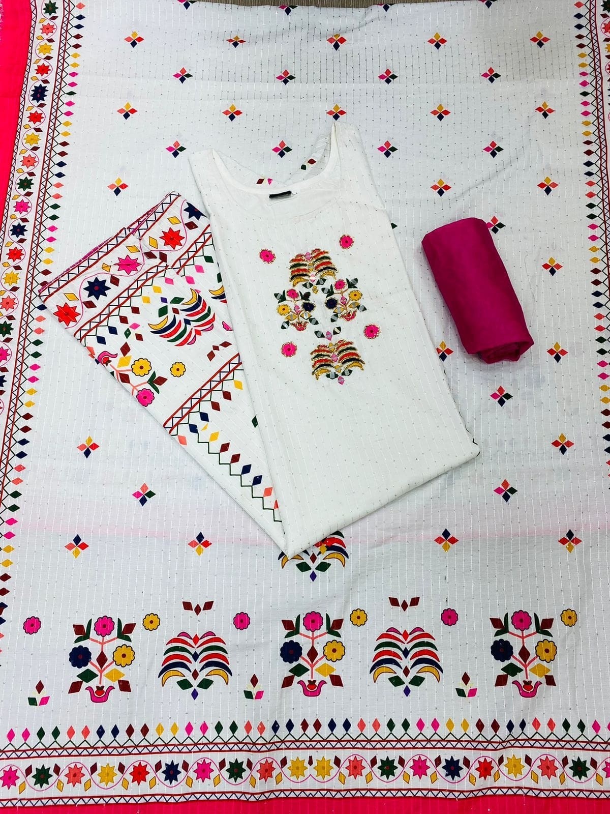 Elegant Cream Embroidered Ethnic Suit with Pink Dupatta Beautiful Printed maslin dupata with full Sequence Work