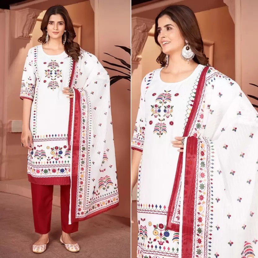 Elegant Cream Embroidered Ethnic Suit with Pink Dupatta Beautiful Printed maslin dupata with full Sequence Work