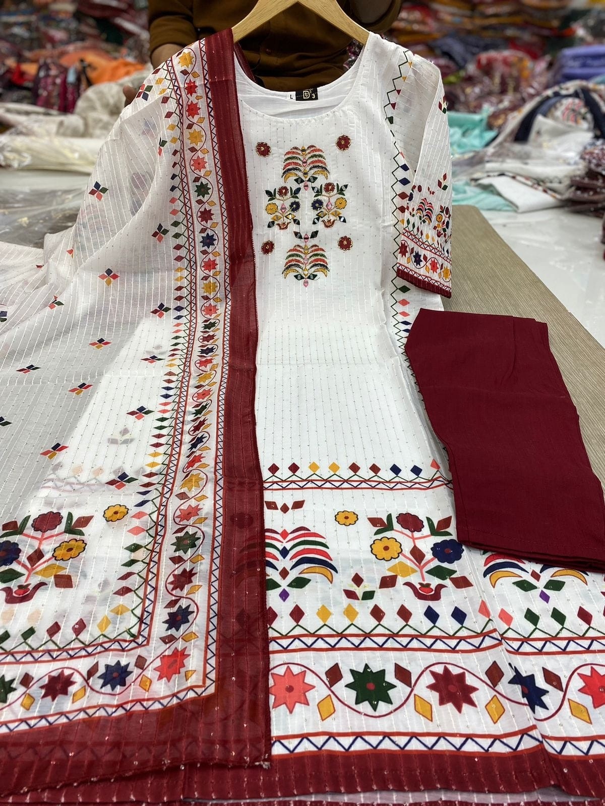 Elegant Cream Embroidered Ethnic Suit with Pink Dupatta Beautiful Printed maslin dupata with full Sequence Work