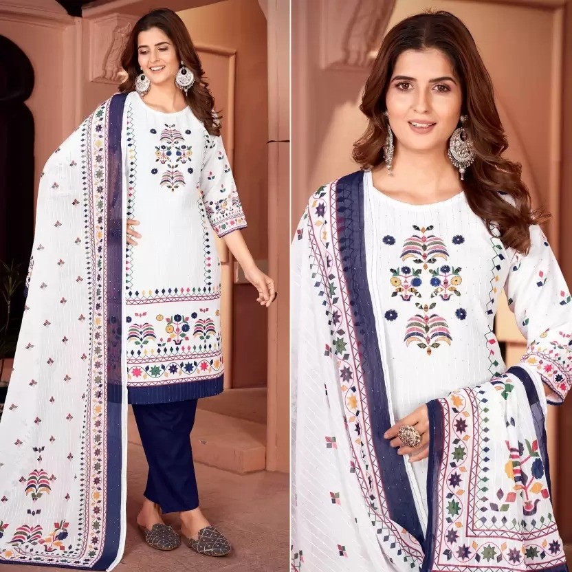 Elegant Cream Embroidered Ethnic Suit with BLUE Dupatta Beautiful Printed maslin dupata with full Sequence Work