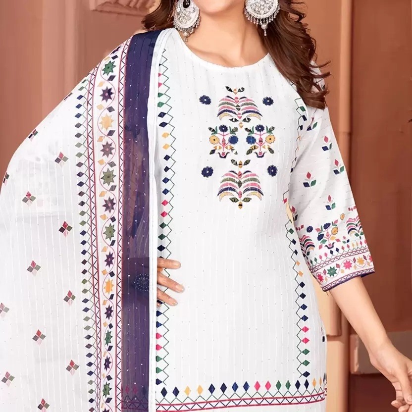 Elegant Cream Embroidered Ethnic Suit with BLUE Dupatta Beautiful Printed maslin dupata with full Sequence Work