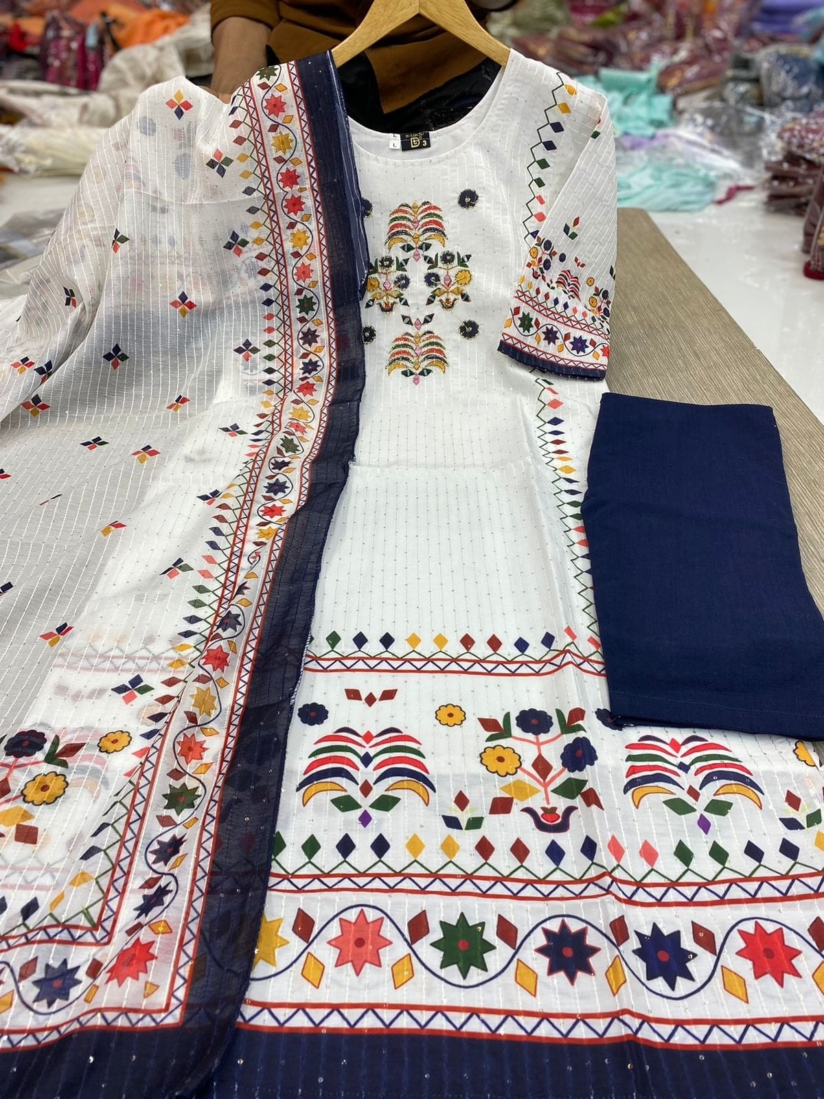 Elegant Cream Embroidered Ethnic Suit with BLUE Dupatta Beautiful Printed maslin dupata with full Sequence Work