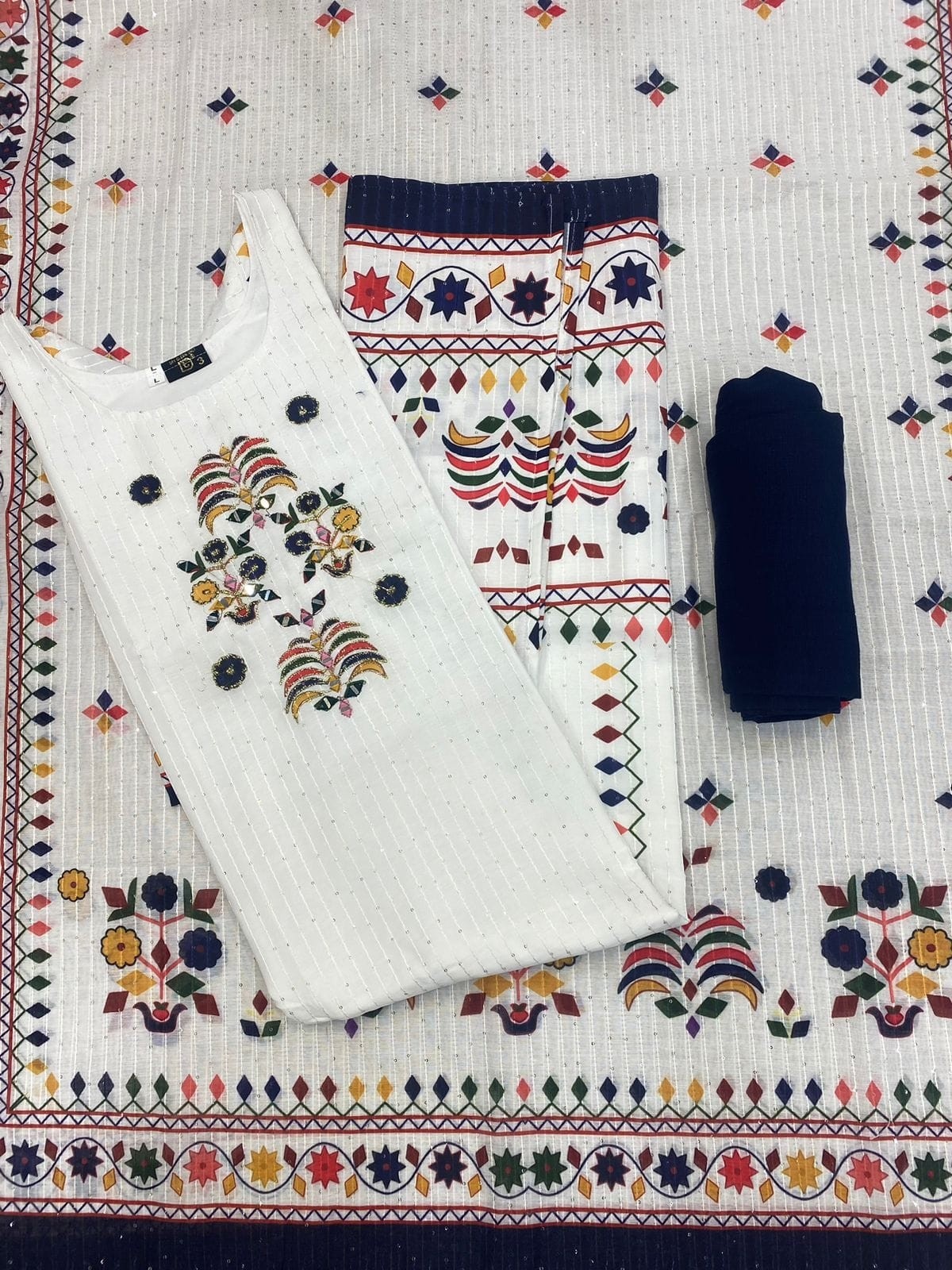Elegant Cream Embroidered Ethnic Suit with BLUE Dupatta Beautiful Printed maslin dupata with full Sequence Work