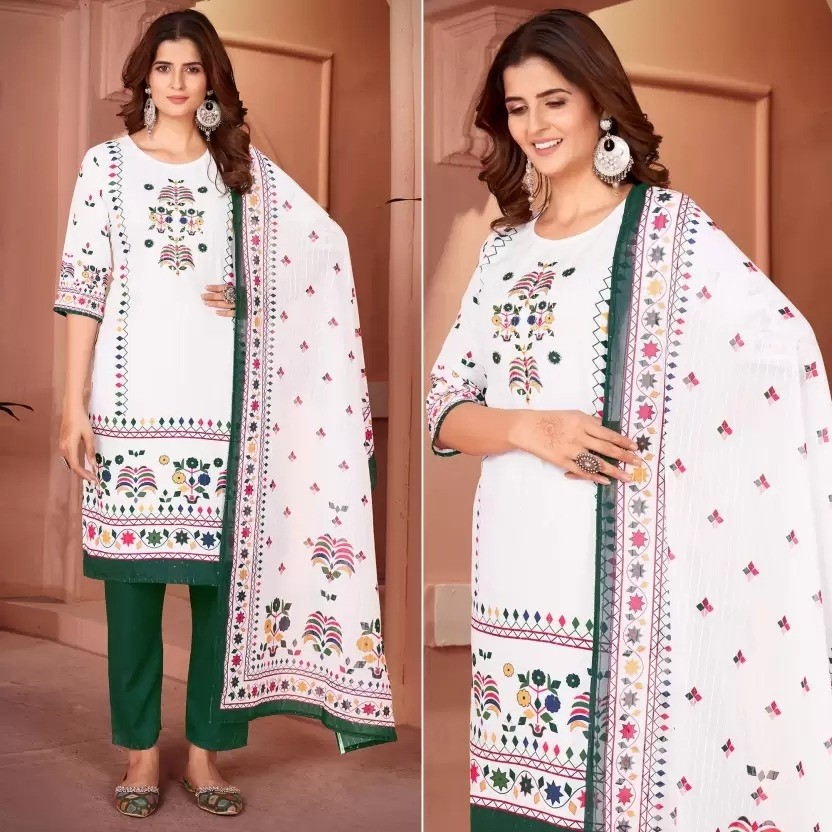 Elegant Cream Embroidered Ethnic Suit with GREEN Dupatta Beautiful Printed maslin dupata with full Sequence Work