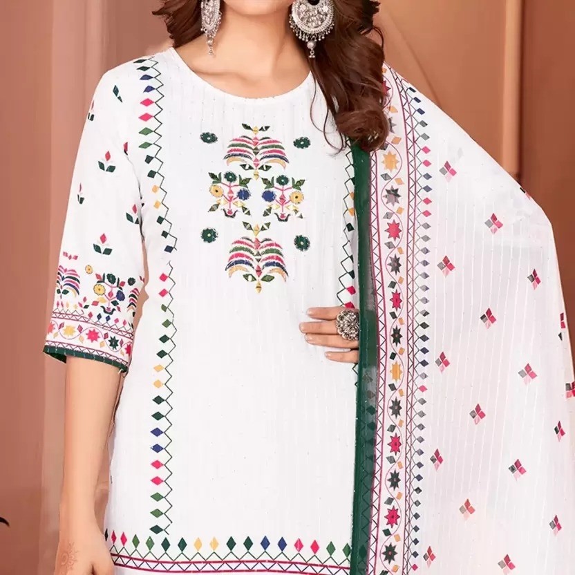 Elegant Cream Embroidered Ethnic Suit with GREEN Dupatta Beautiful Printed maslin dupata with full Sequence Work