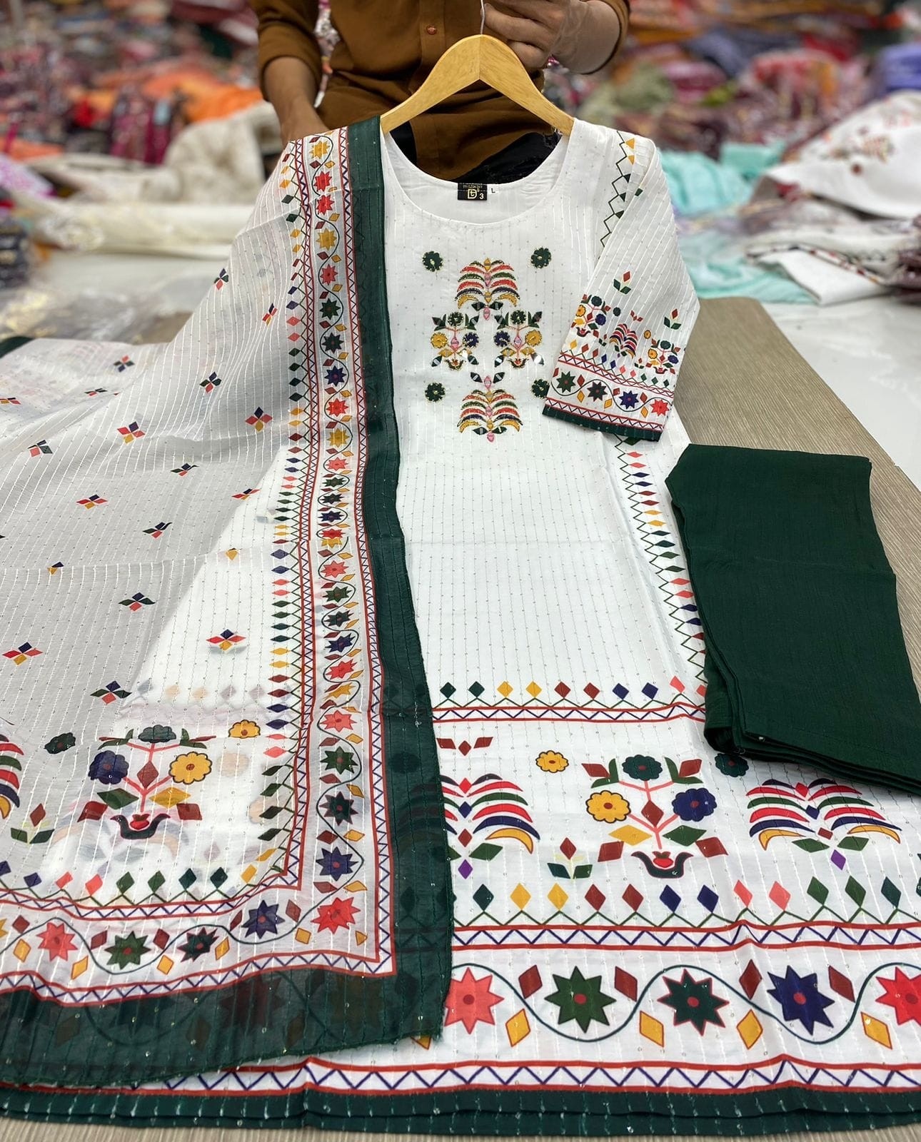Elegant Cream Embroidered Ethnic Suit with GREEN Dupatta Beautiful Printed maslin dupata with full Sequence Work