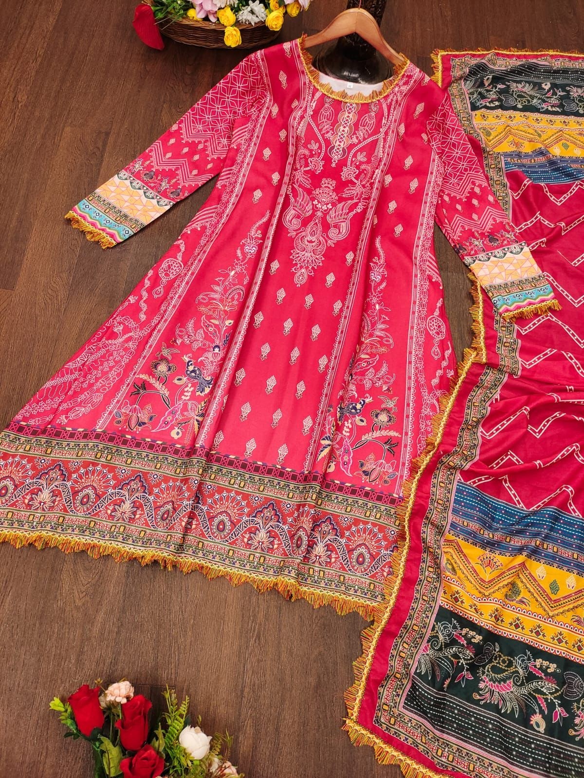 Luxury Red Printed Ethnic Anarkali Suit with Embroidered Dupatta