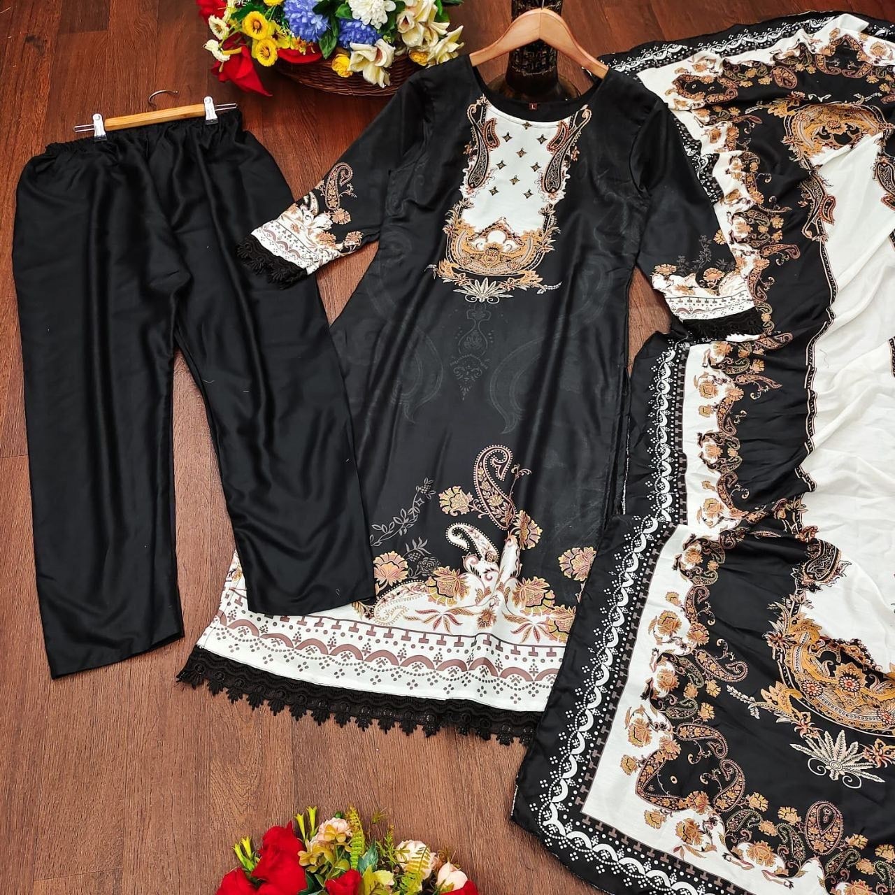 Elegant Black & White Digital Printed Salwar Kameez Set with Dupatta