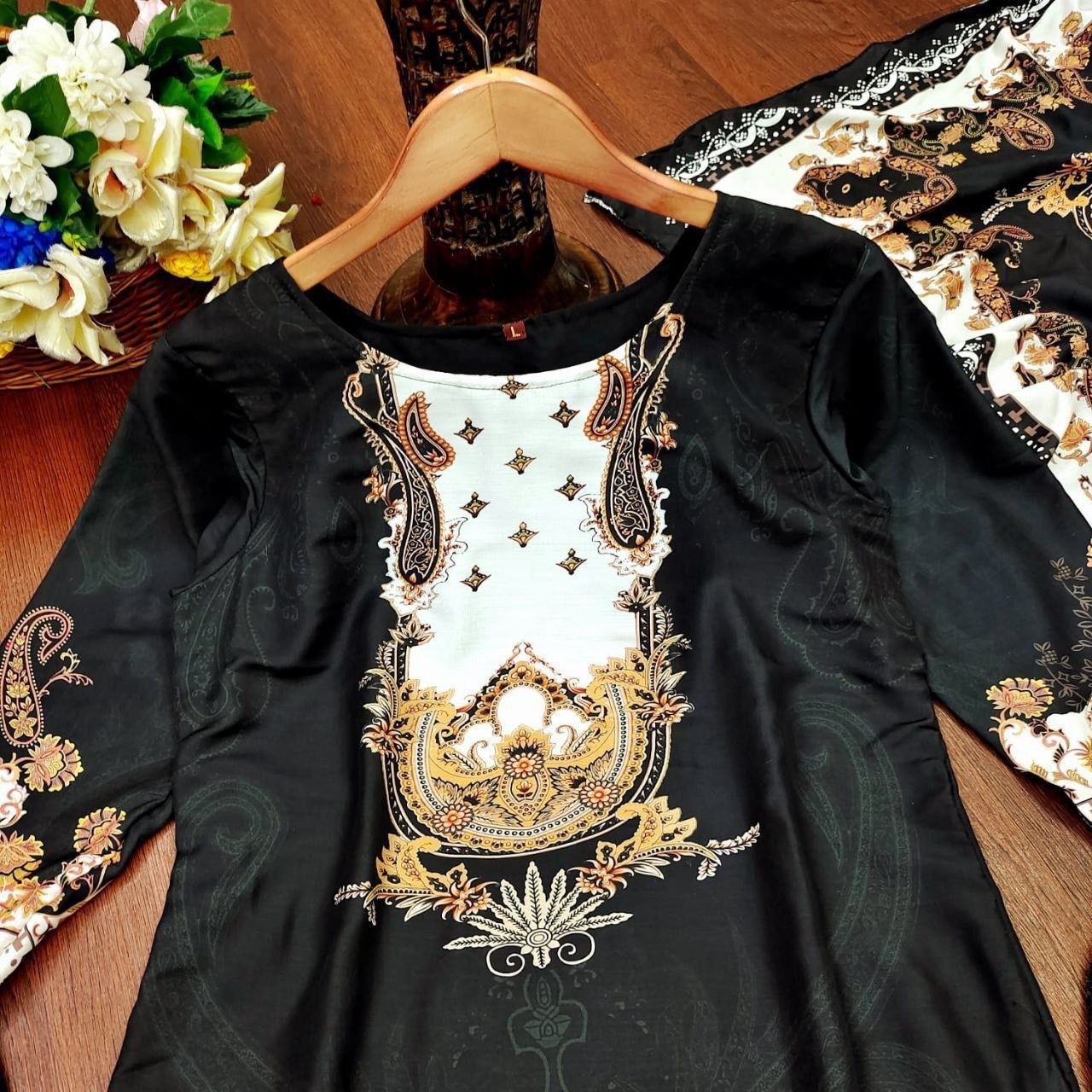 Elegant Black & White Digital Printed Salwar Kameez Set with Dupatta
