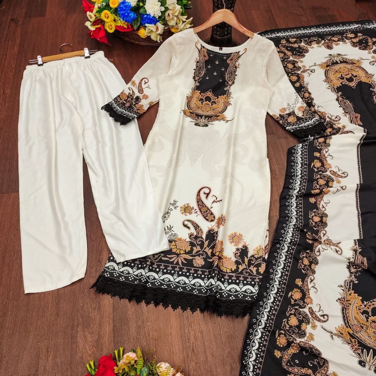Elegant Black & White Digital Printed Salwar Kameez Set with Dupatta