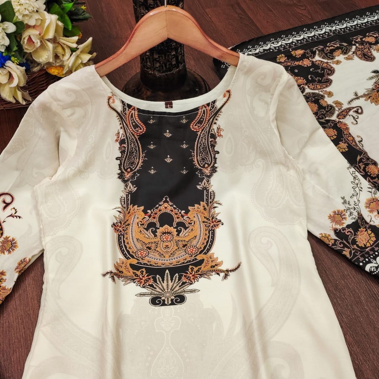 Elegant Black & White Digital Printed Salwar Kameez Set with Dupatta