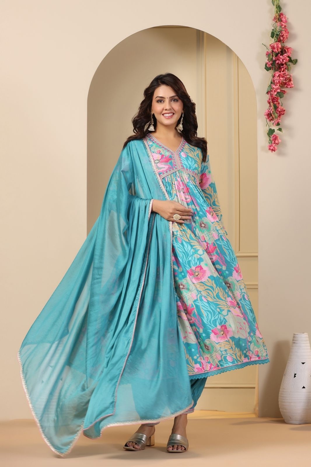 Elegant Floral Printed Salwar Kameez with Dupatta – Sky Blue