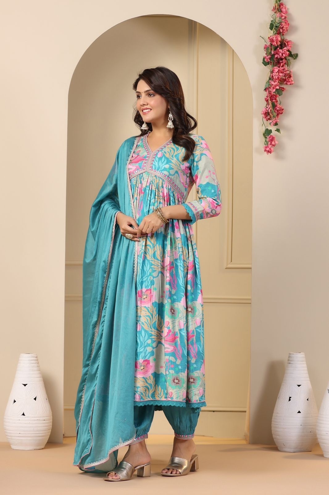 Elegant Floral Printed Salwar Kameez with Dupatta – Sky Blue