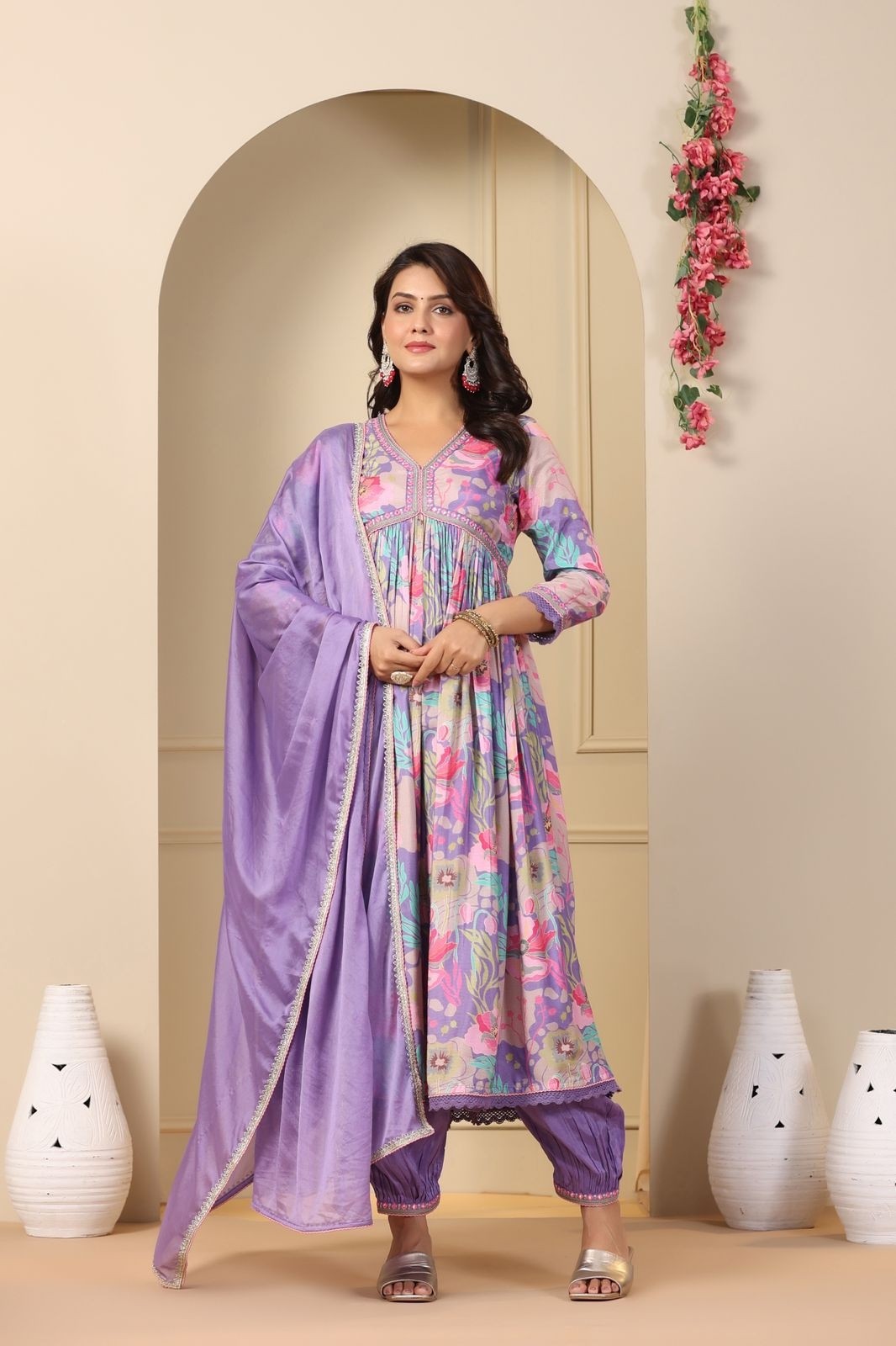 Lavender Floral Printed Anarkali Suit with Lace Detailing & Dupatta