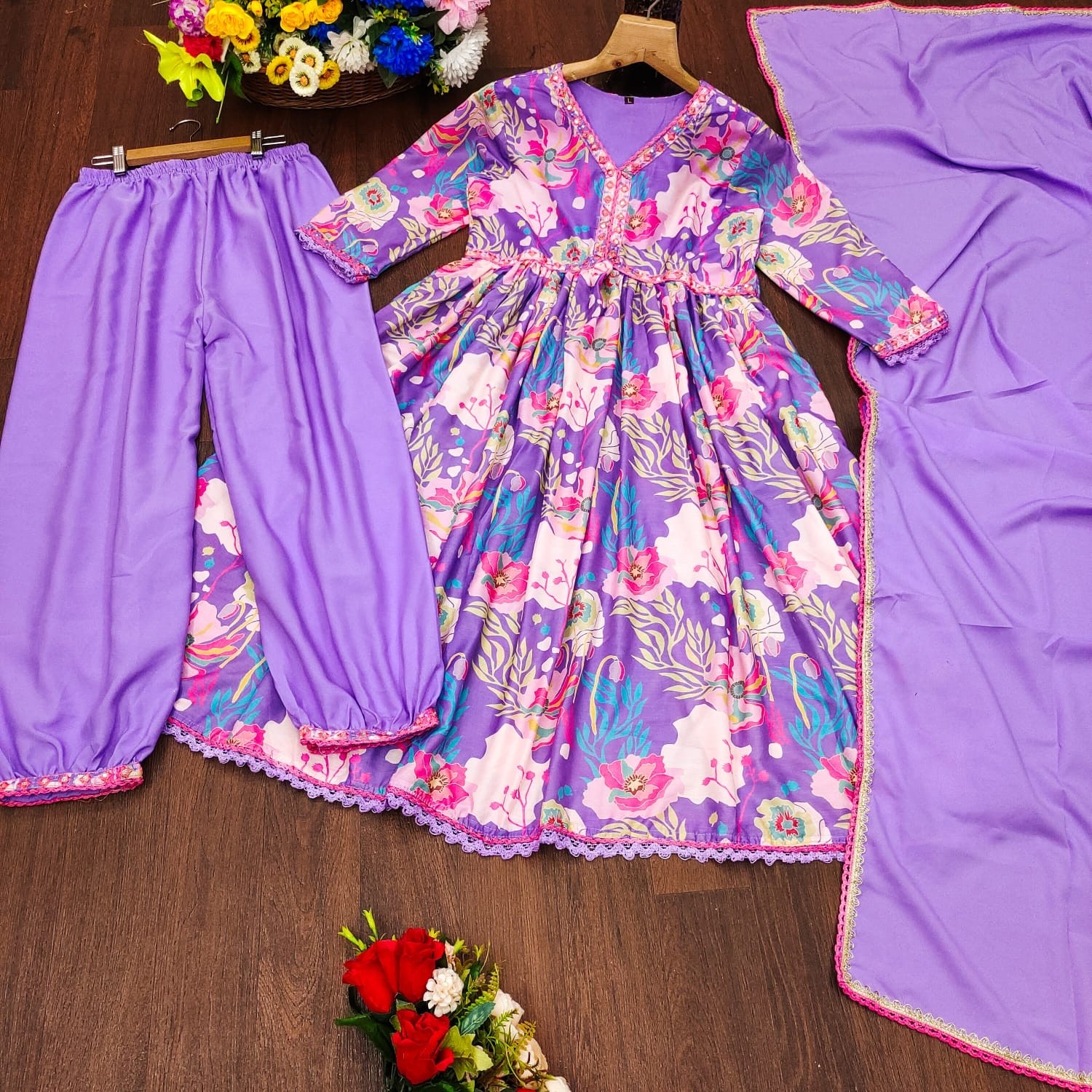 Lavender Floral Printed Anarkali Suit with Lace Detailing & Dupatta