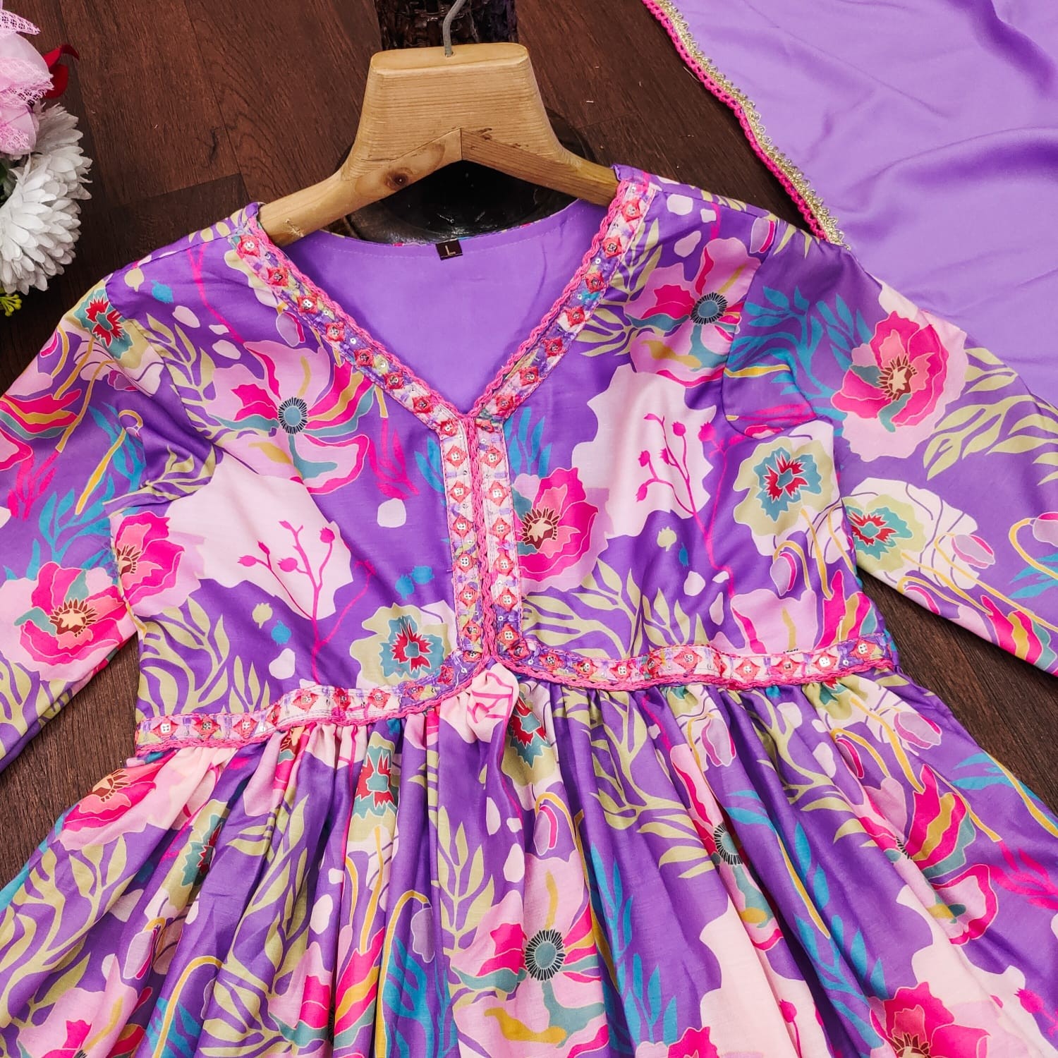 Lavender Floral Printed Anarkali Suit with Lace Detailing & Dupatta