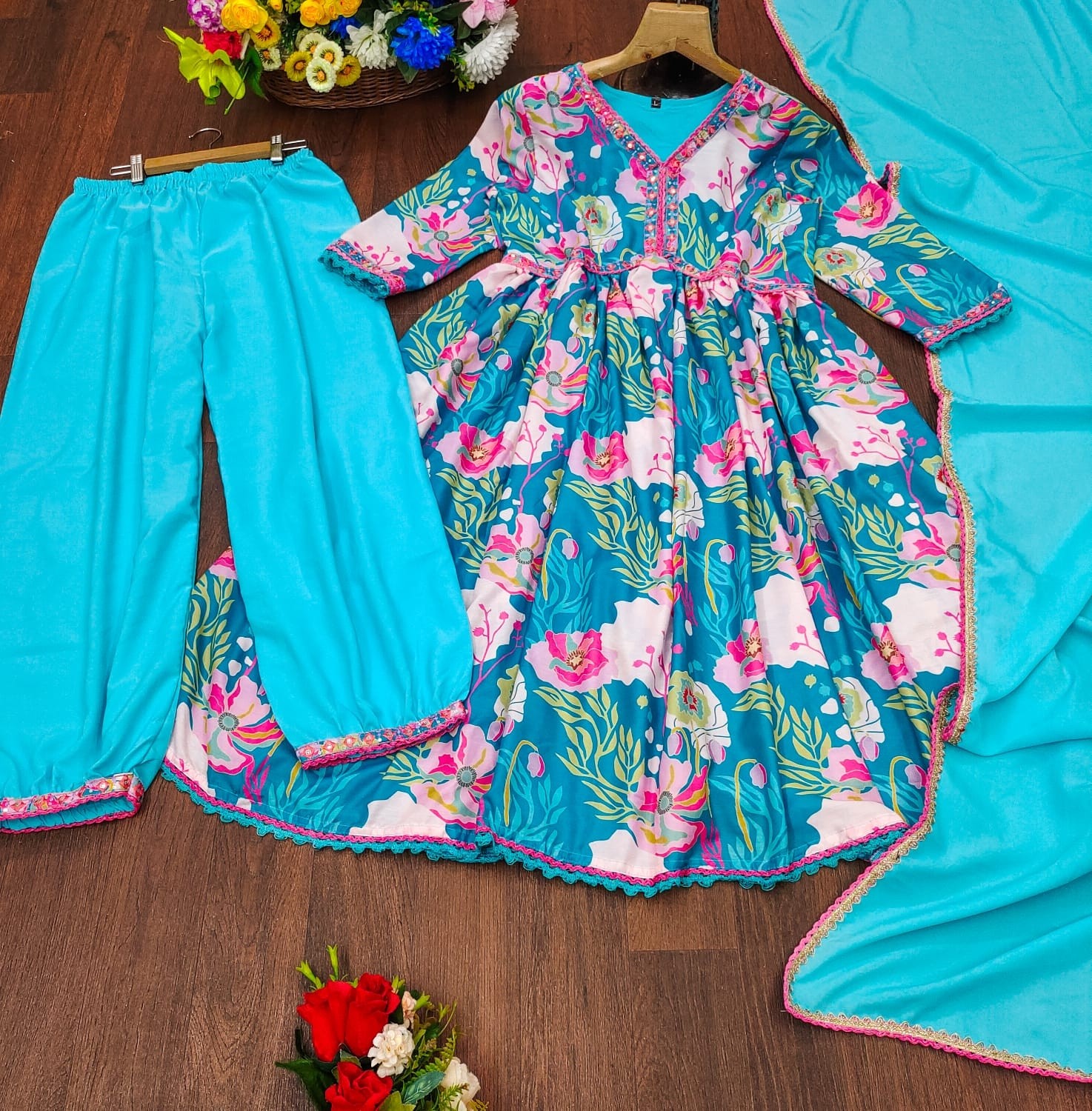 Elegant Floral Printed Salwar Kameez with Dupatta – Sky Blue