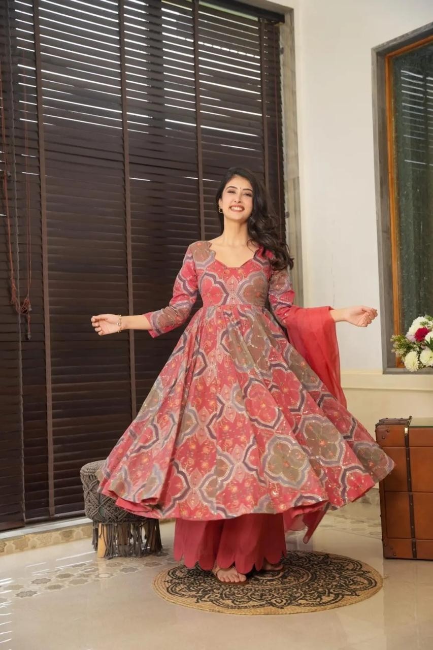 Elegant Floral Anarkali Suit – Peach & Gold