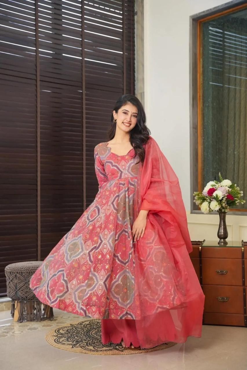 Elegant Floral Anarkali Suit – Peach & Gold