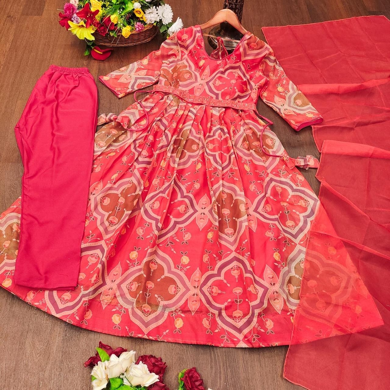 Elegant Floral Anarkali Suit – Peach & Gold