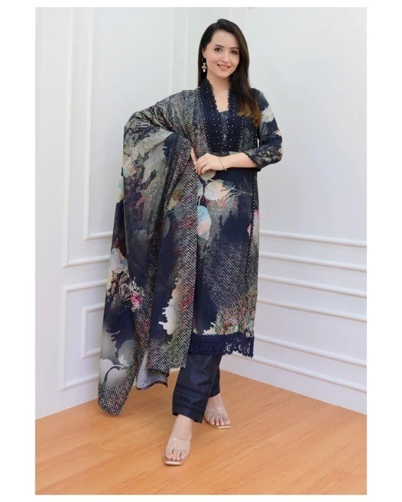 Elegant Printed Salwar Kameez Set - Navy Blue