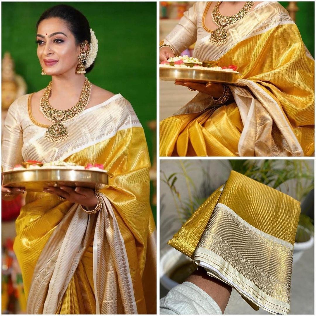 Golden Kanjivaram Silk Saree with Zari Border – Ethics Aura