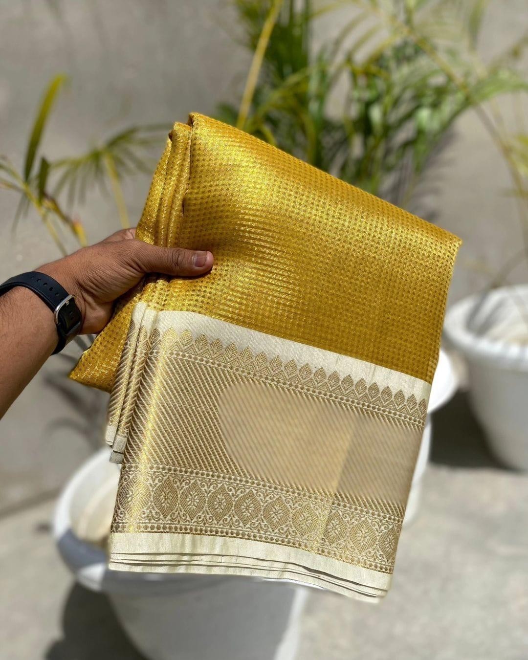 Golden Kanjivaram Silk Saree with Zari Border – Ethics Aura