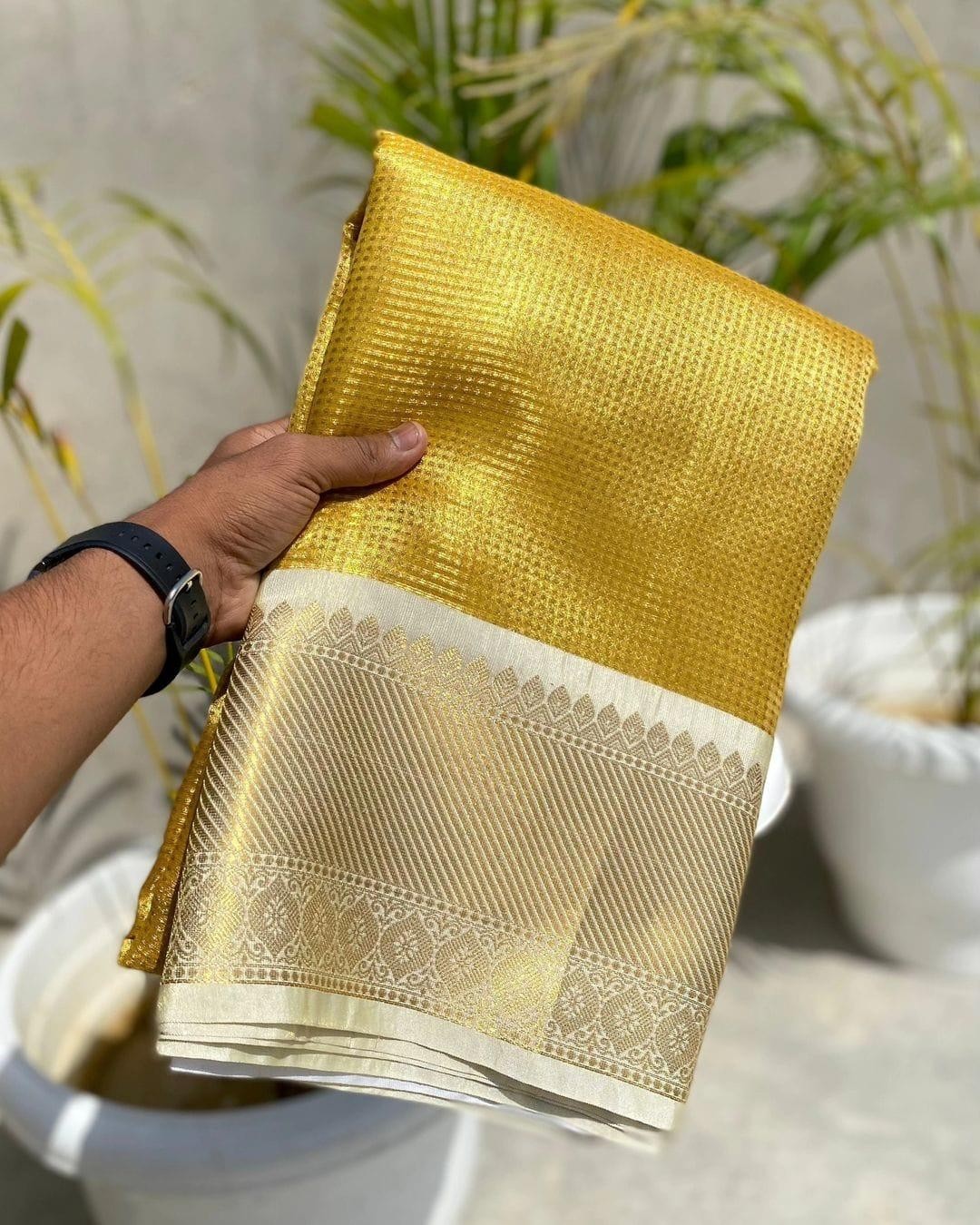 Golden Kanjivaram Silk Saree with Zari Border – Ethics Aura