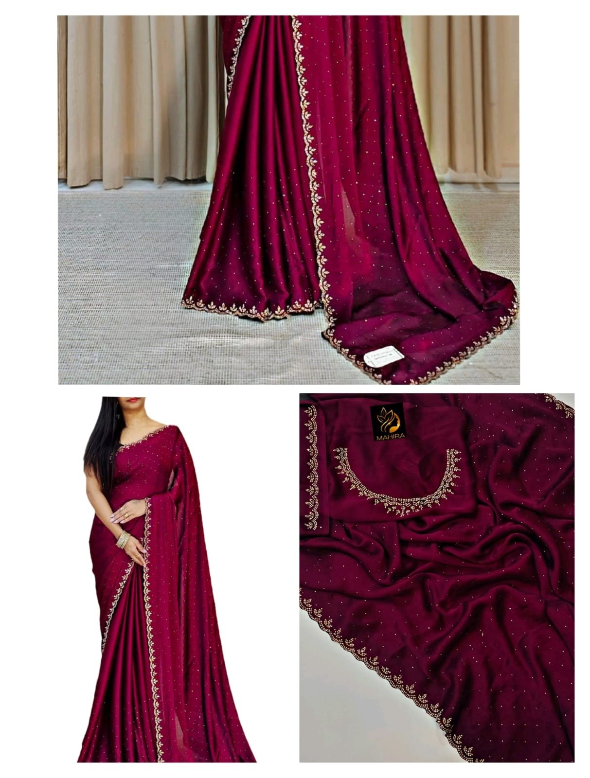 chiffon satin silk saree diamond siroski work And Hot fixBlouse