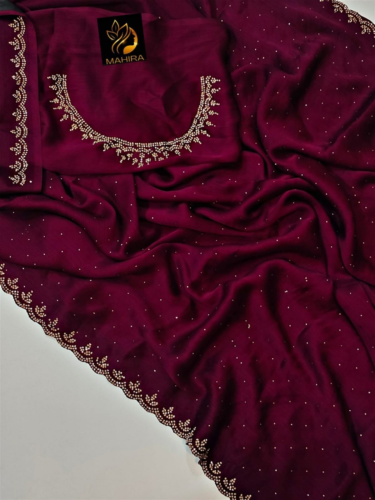 chiffon satin silk saree diamond siroski work And Hot fixBlouse