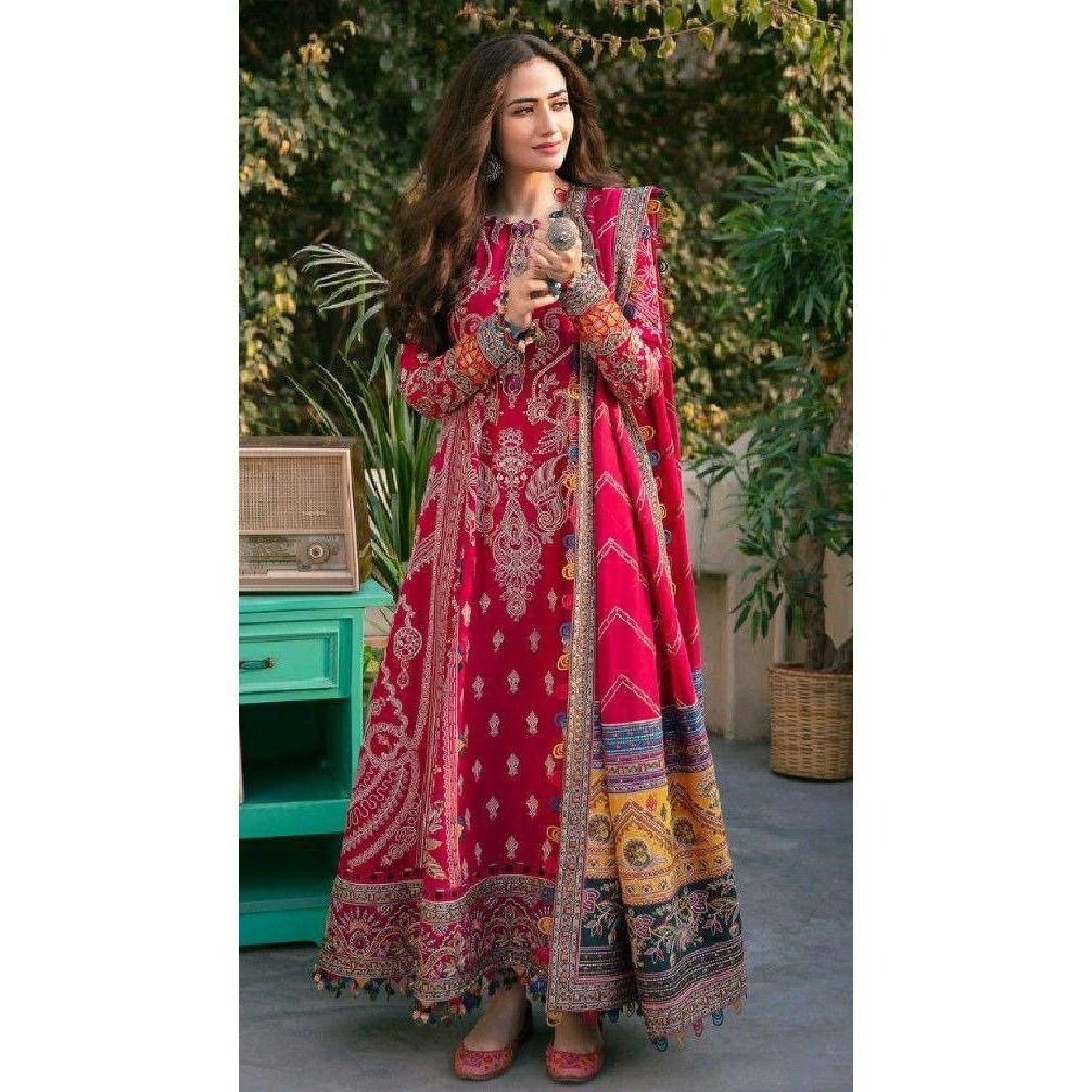 Luxury Red Printed Ethnic Anarkali Suit with Embroidered Dupatta