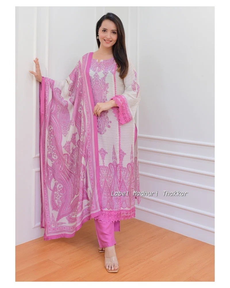 Elegant Pink & White Digital Printed Salwar Kameez Set with Lace Detailing