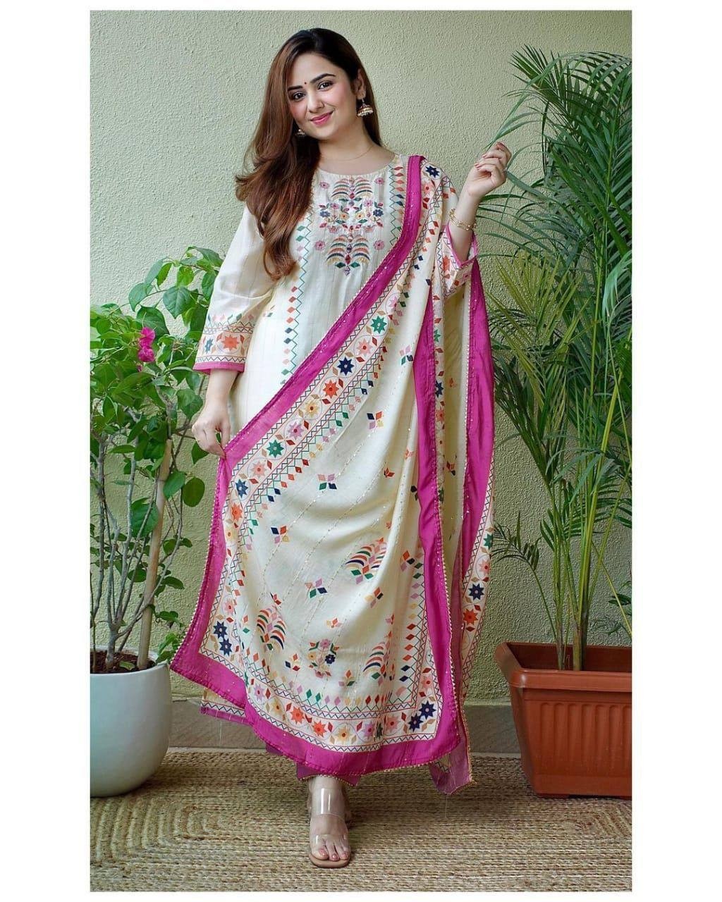 Elegant Cream Embroidered Ethnic Suit with Pink Dupatta Beautiful Printed maslin dupata with full Sequence Work