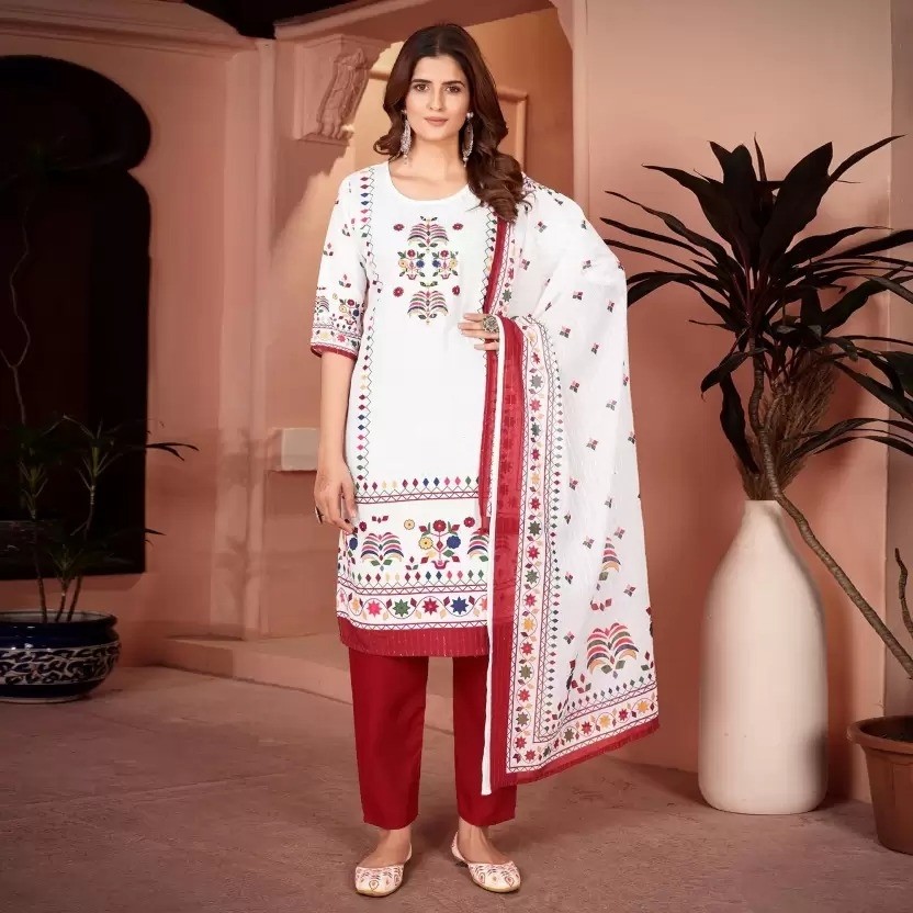 Elegant Cream Embroidered Ethnic Suit with Pink Dupatta Beautiful Printed maslin dupata with full Sequence Work