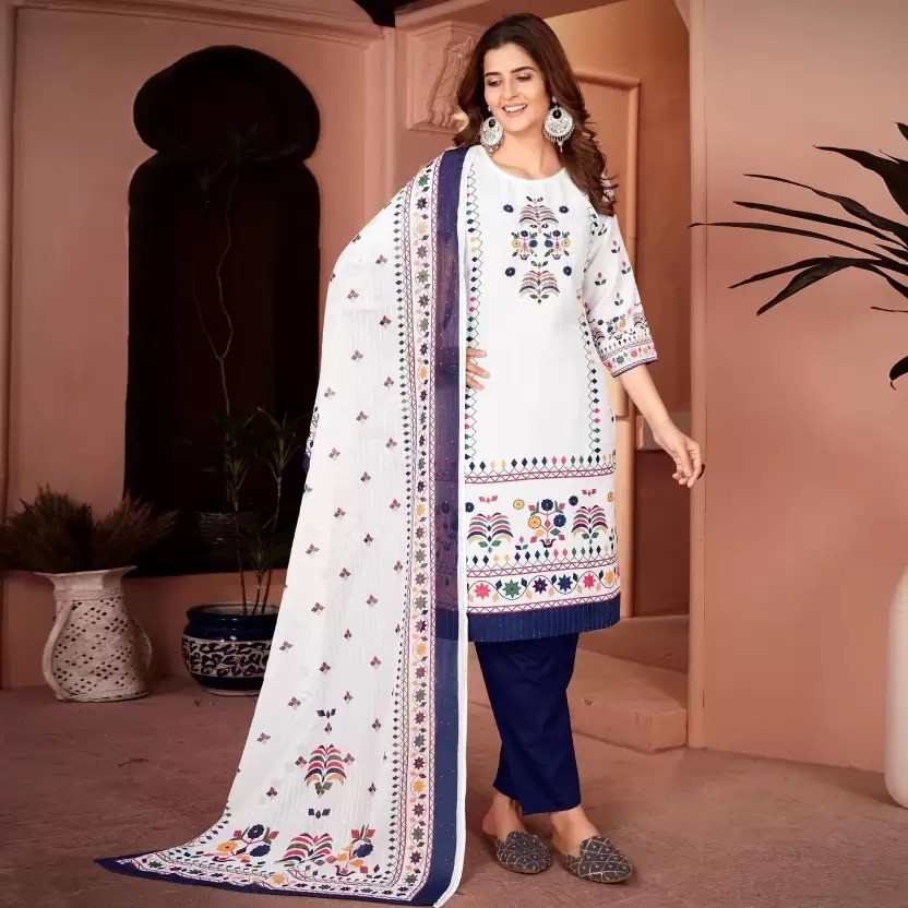 Elegant Cream Embroidered Ethnic Suit with BLUE Dupatta Beautiful Printed maslin dupata with full Sequence Work