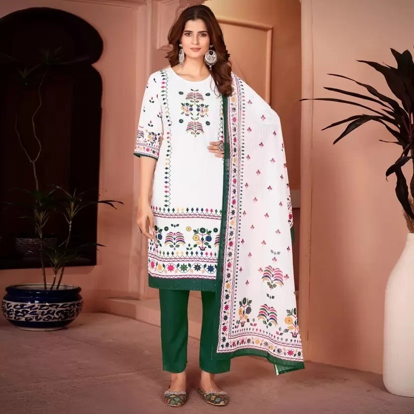Elegant Cream Embroidered Ethnic Suit with GREEN Dupatta Beautiful Printed maslin dupata with full Sequence Work