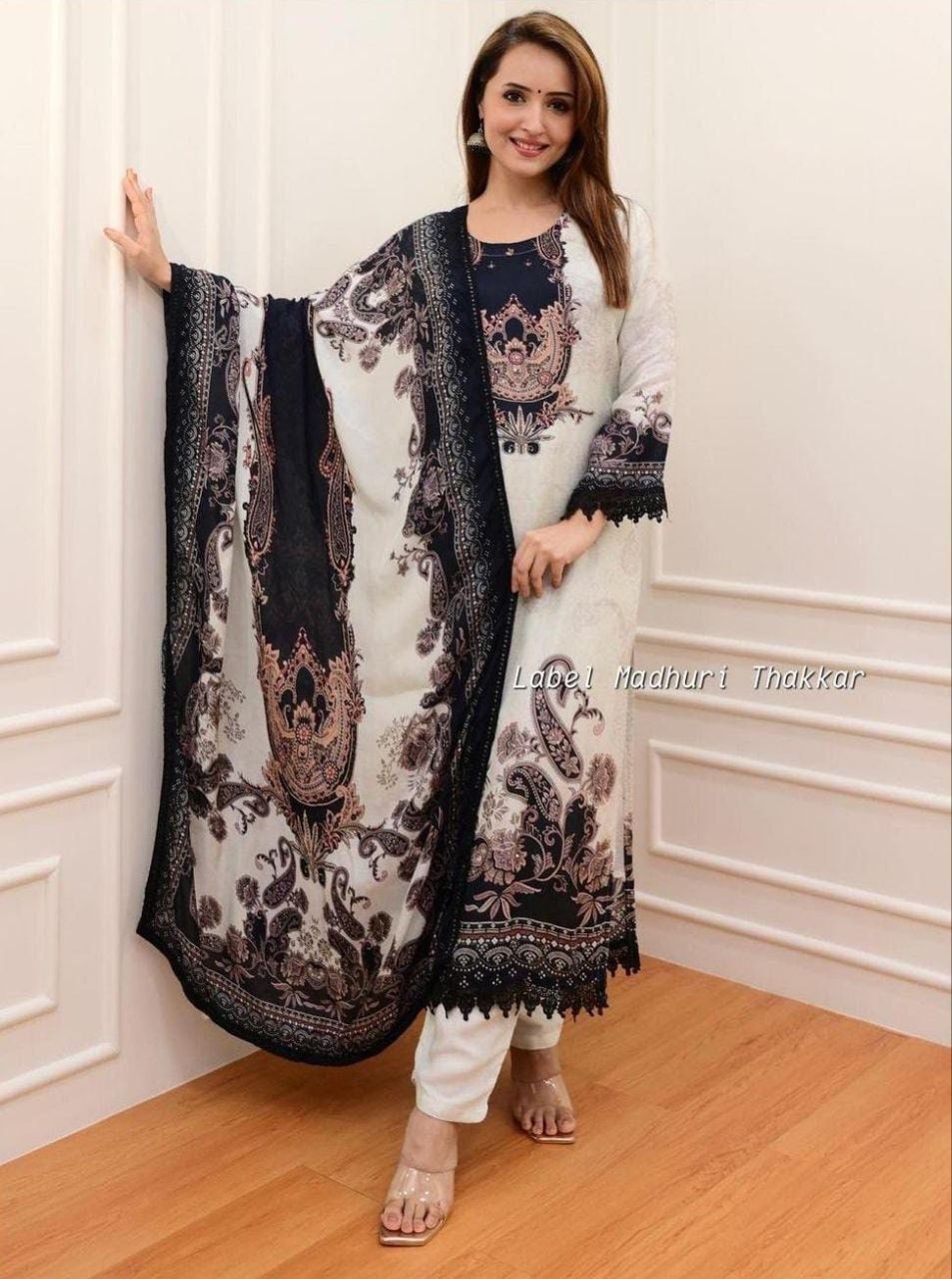 Elegant Black & White Digital Printed Salwar Kameez Set with Dupatta