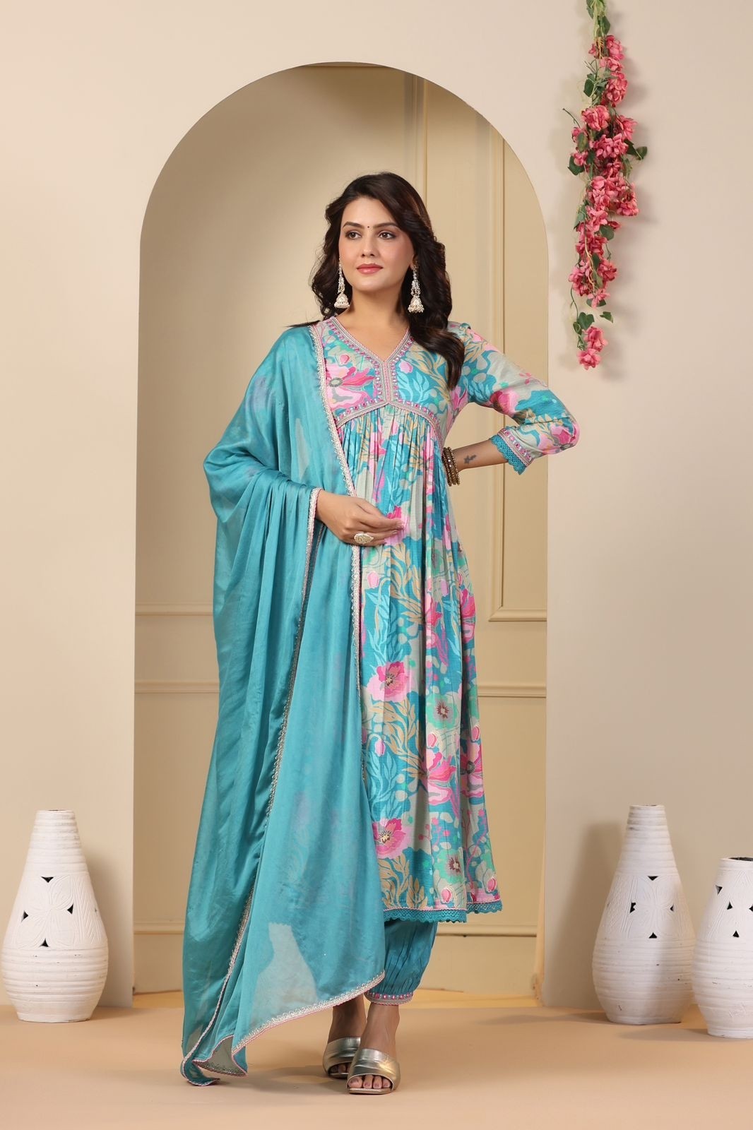 Elegant Floral Printed Salwar Kameez with Dupatta – Sky Blue