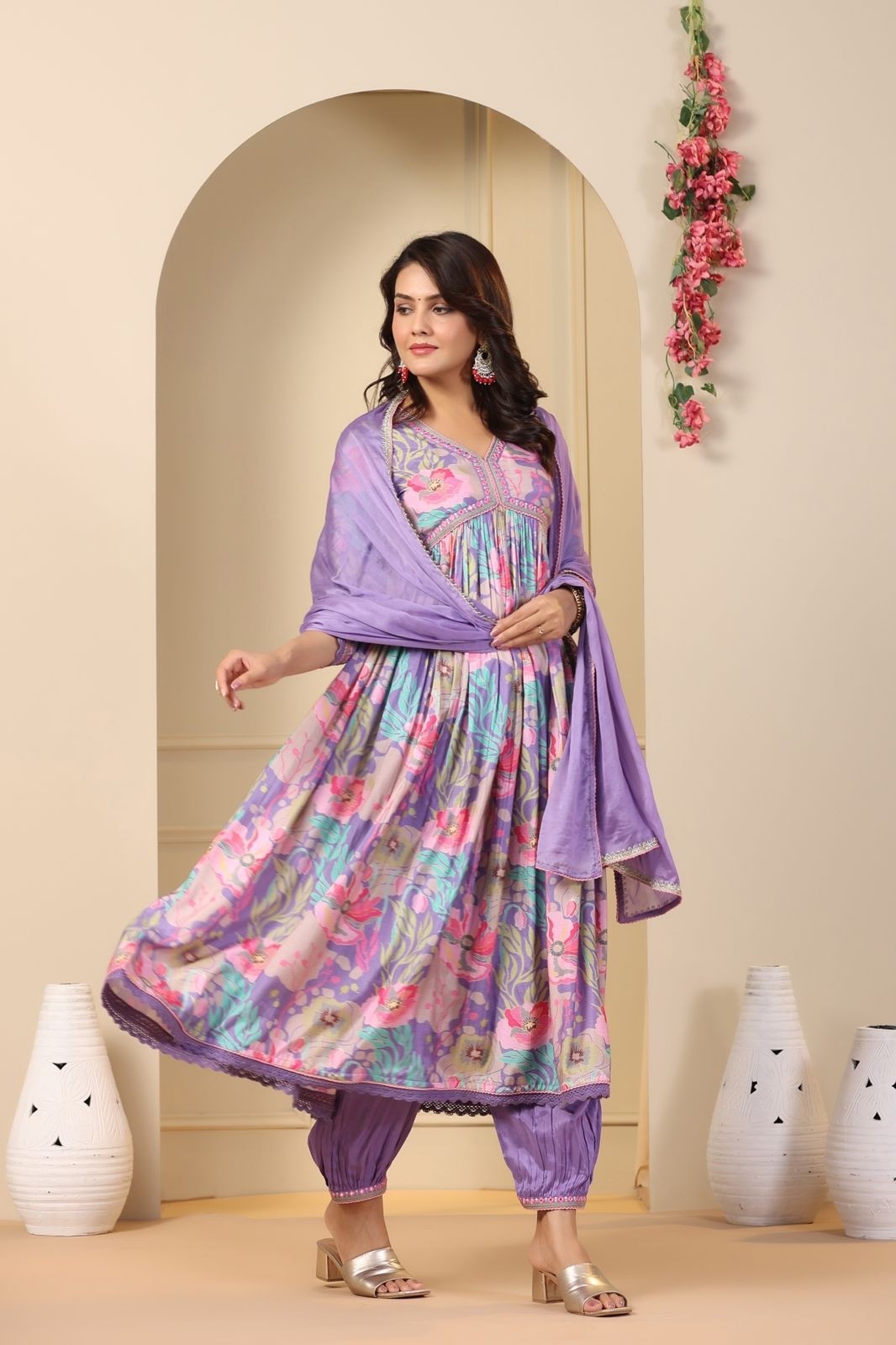 Lavender Floral Printed Anarkali Suit with Lace Detailing & Dupatta