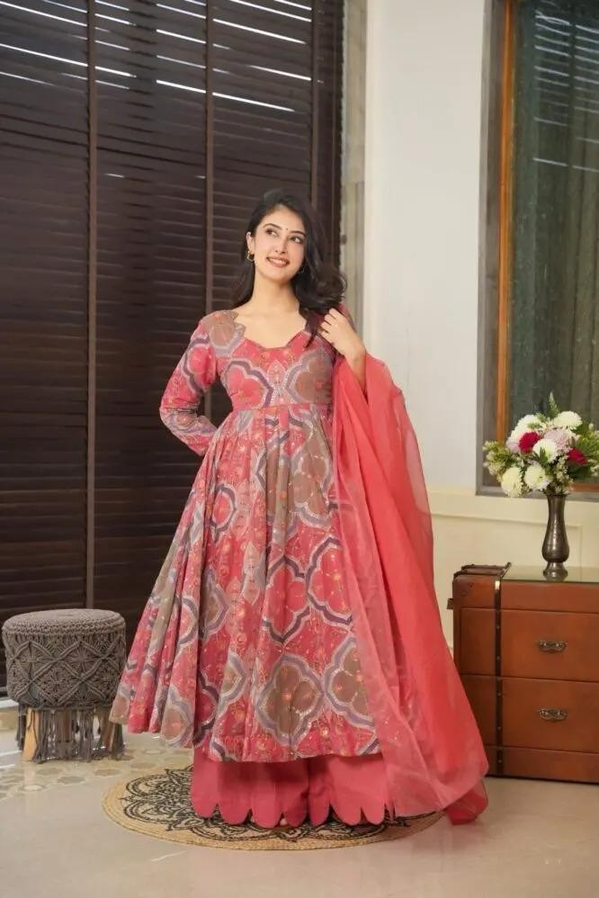 Elegant Floral Anarkali Suit – Peach & Gold