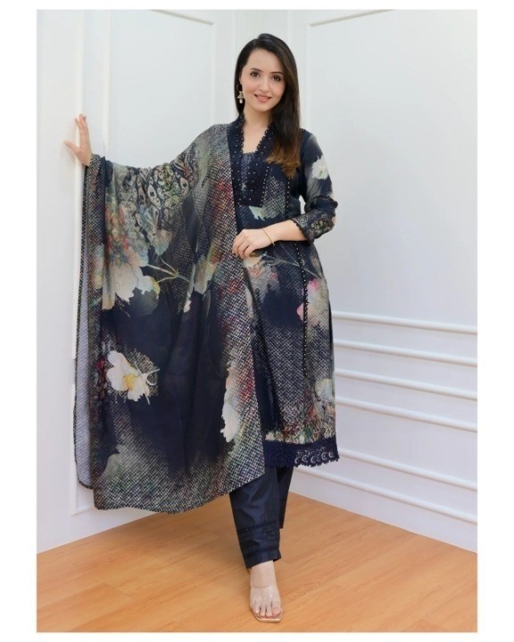  Elegant Printed Salwar Kameez Set - Navy Blue