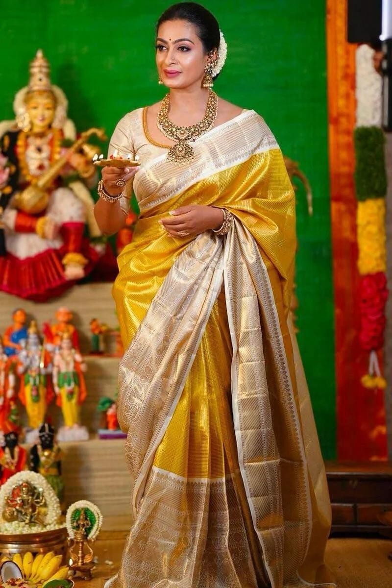Golden Kanjivaram Silk Saree with Zari Border – Ethics Aura